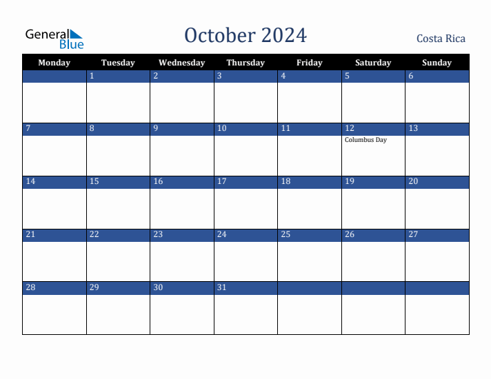 October 2024 Costa Rica Calendar (Monday Start)
