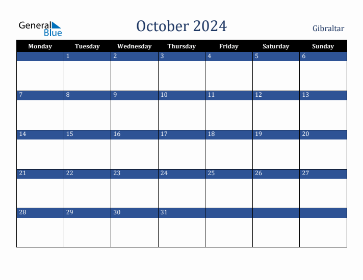 October 2024 Gibraltar Calendar (Monday Start)