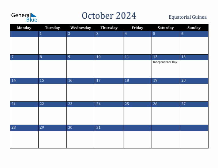 October 2024 Equatorial Guinea Calendar (Monday Start)