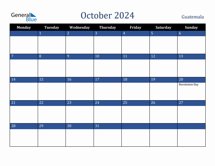 October 2024 Guatemala Calendar (Monday Start)