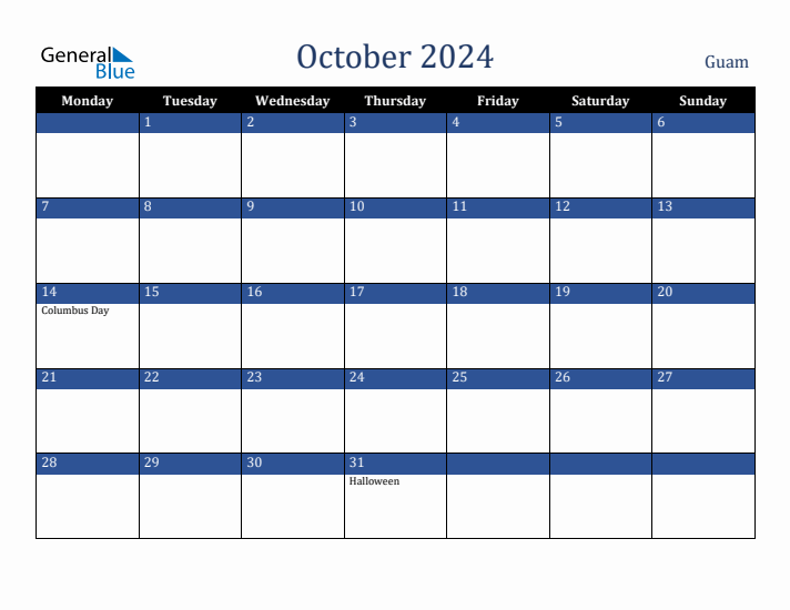 October 2024 Guam Calendar (Monday Start)