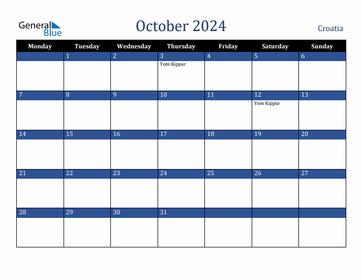 October 2024 Croatia Calendar (Monday Start)