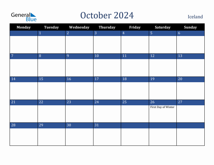 October 2024 Iceland Calendar (Monday Start)