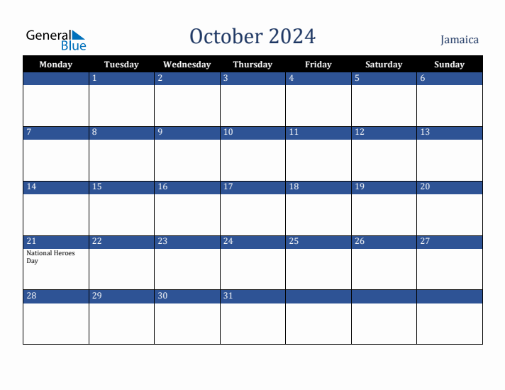 October 2024 Jamaica Calendar (Monday Start)