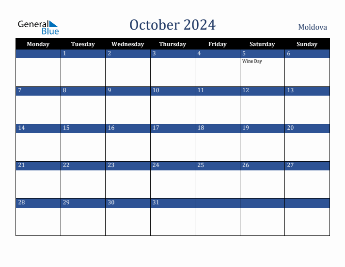 October 2024 Moldova Calendar (Monday Start)