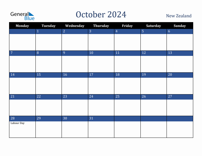October 2024 New Zealand Calendar (Monday Start)