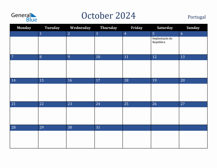 October 2024 Portugal Calendar (Monday Start)