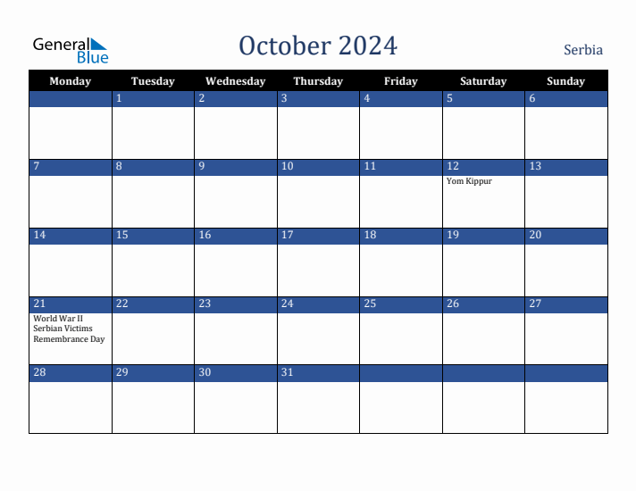 October 2024 Serbia Calendar (Monday Start)