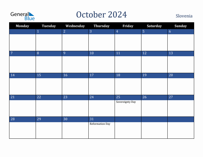 October 2024 Slovenia Calendar (Monday Start)