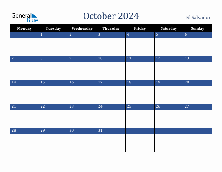 October 2024 El Salvador Calendar (Monday Start)