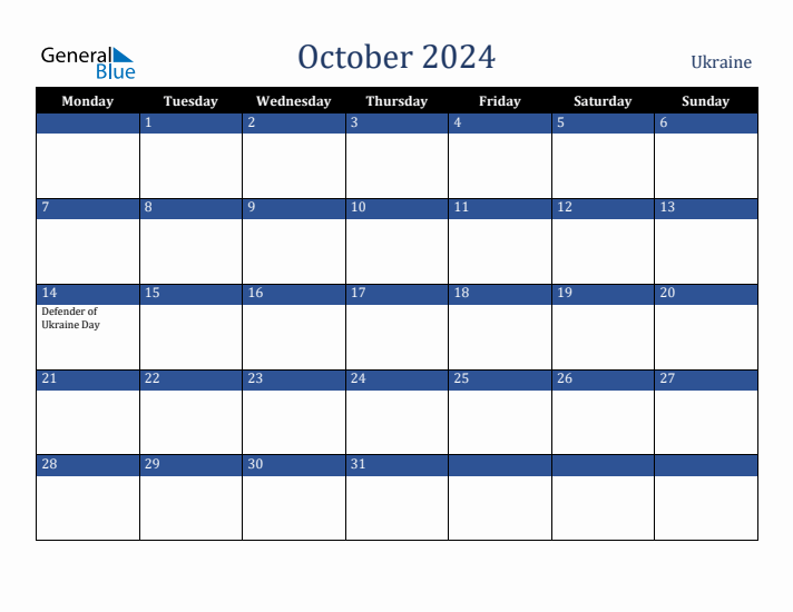October 2024 Ukraine Calendar (Monday Start)
