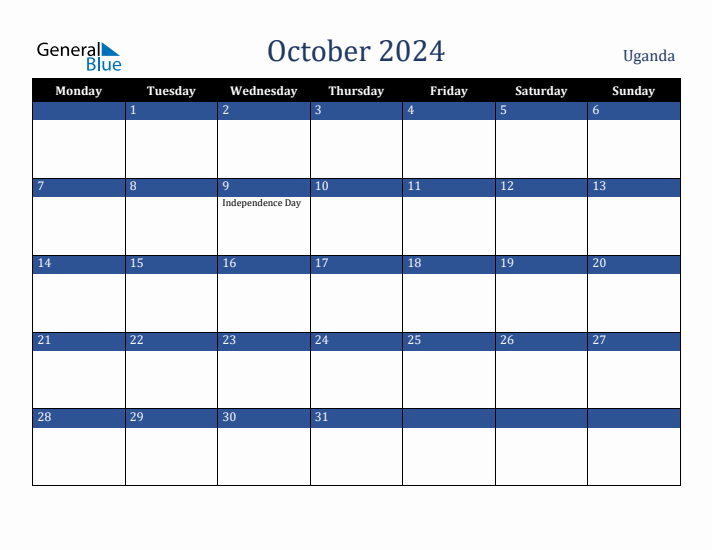 October 2024 Uganda Calendar (Monday Start)