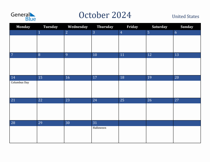 October 2024 United States Calendar (Monday Start)