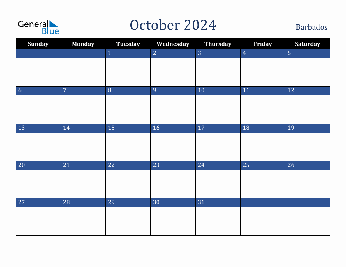 October 2024 Barbados Holiday Calendar
