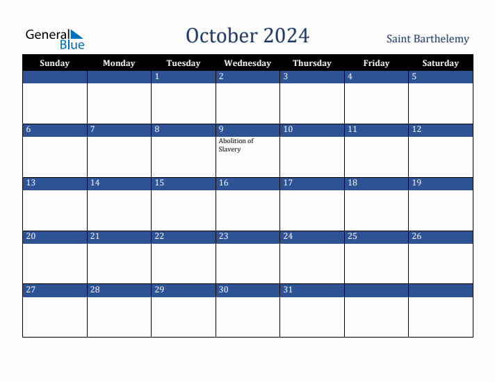 October 2024 Saint Barthelemy Calendar (Sunday Start)