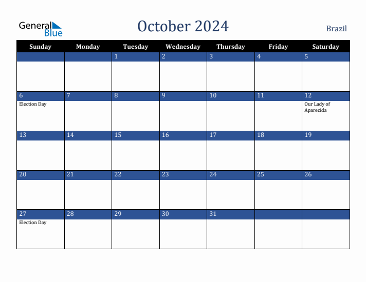 October 2024 Brazil Calendar (Sunday Start)
