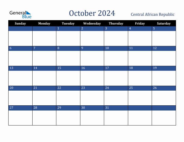 October 2024 Central African Republic Calendar (Sunday Start)
