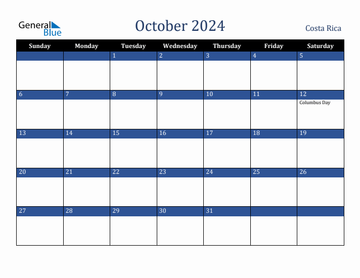 October 2024 Costa Rica Calendar (Sunday Start)