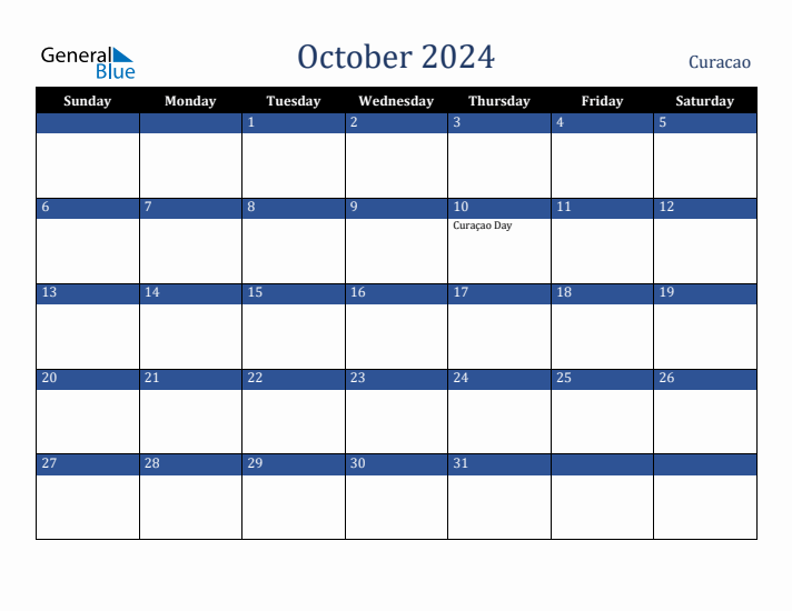 October 2024 Curacao Calendar (Sunday Start)