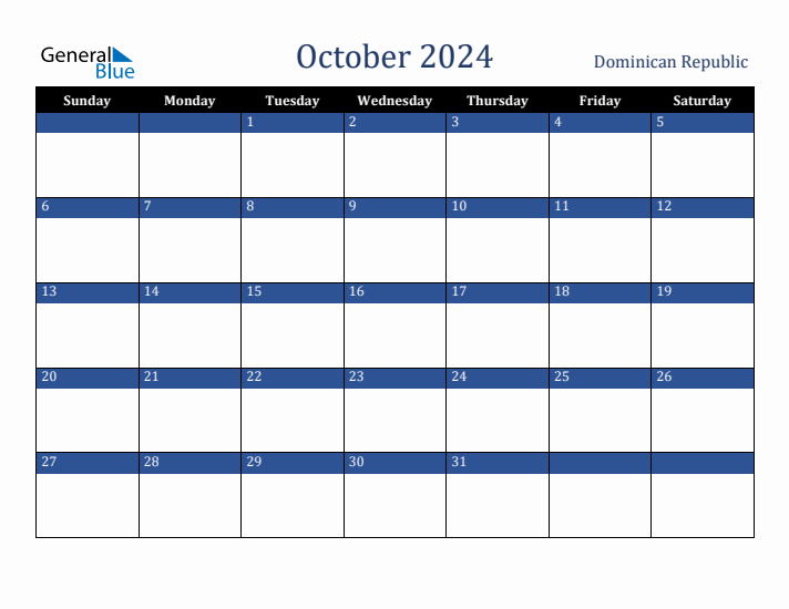 October 2024 Dominican Republic Calendar (Sunday Start)