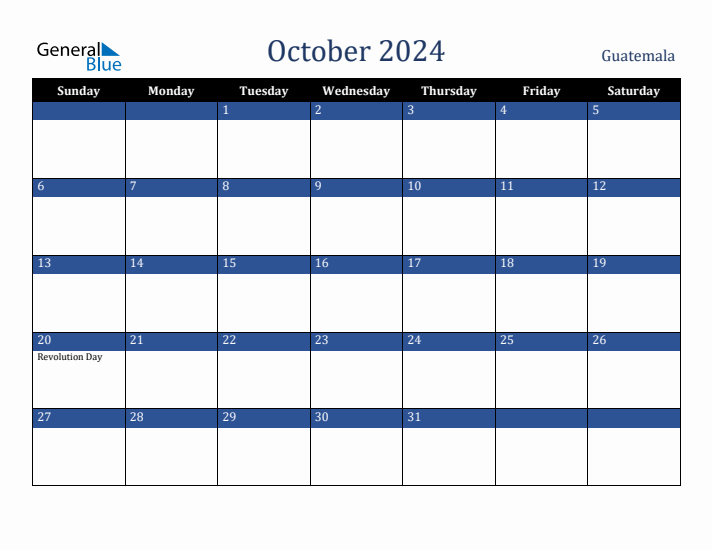 October 2024 Guatemala Calendar (Sunday Start)