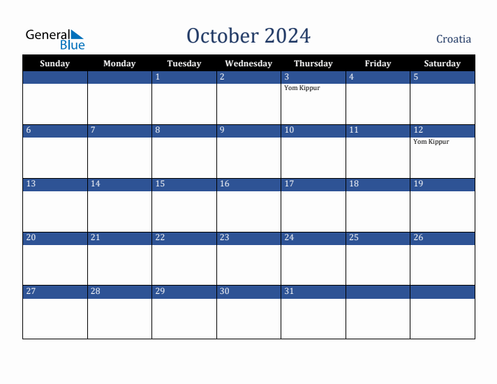 October 2024 Croatia Calendar (Sunday Start)
