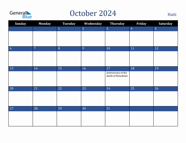 October 2024 Haiti Calendar (Sunday Start)