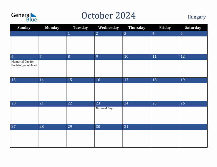 October 2024 Hungary Calendar (Sunday Start)