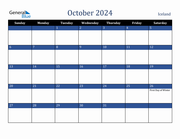 October 2024 Iceland Calendar (Sunday Start)