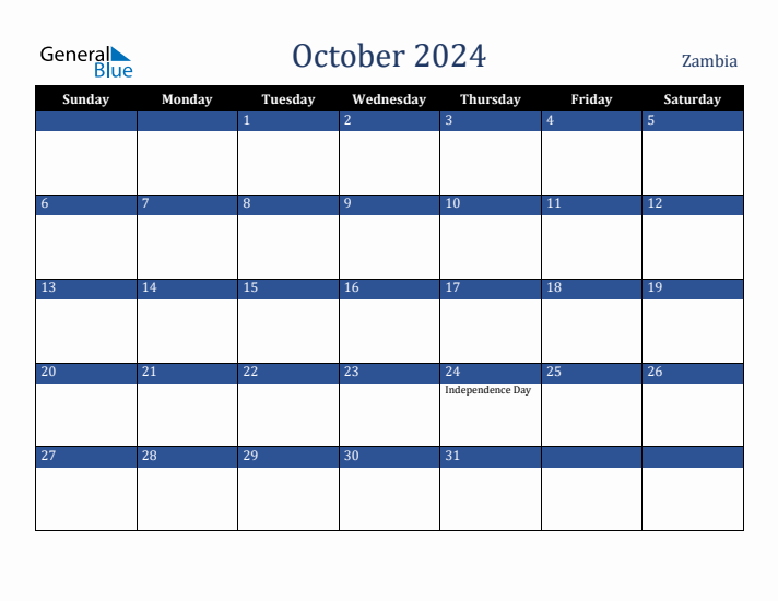 October 2024 Zambia Calendar (Sunday Start)