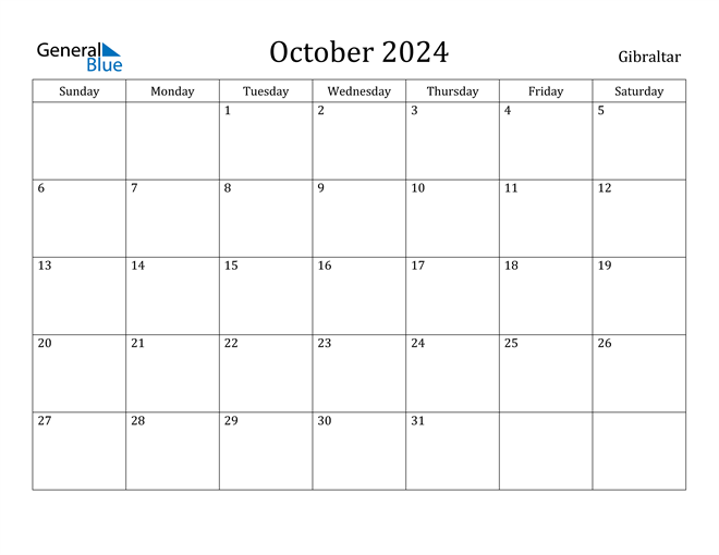 October 2024 Calendar with Gibraltar Holidays