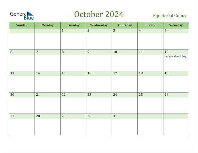 October 2024 Calendar with Equatorial Guinea Holidays