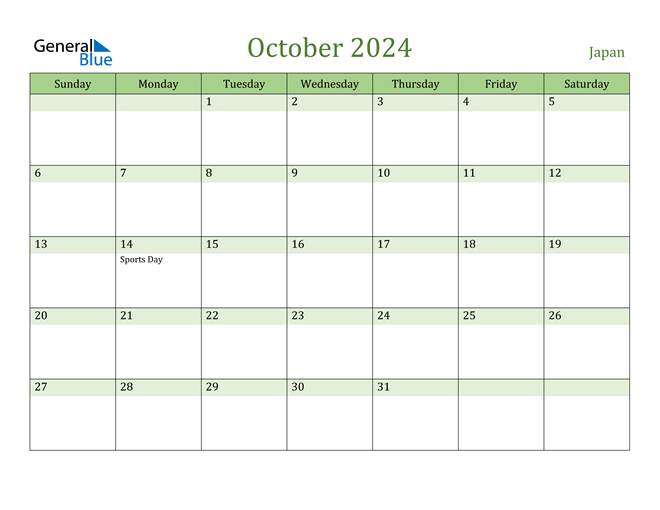 October 2024 Calendar with Japan Holidays