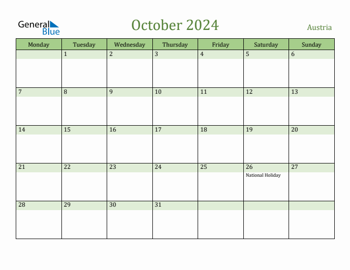 October 2024 Calendar with Austria Holidays