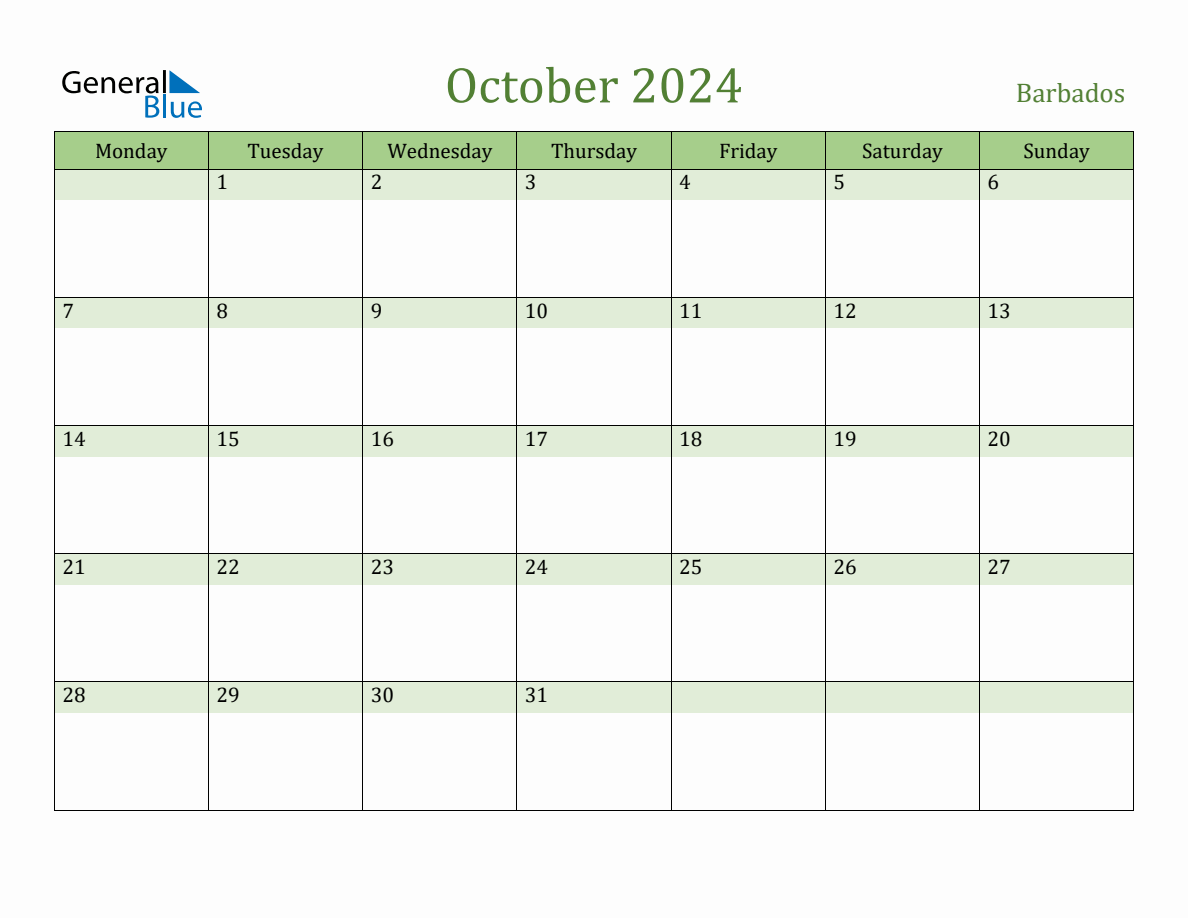 Fillable Holiday Calendar for Barbados October 2024