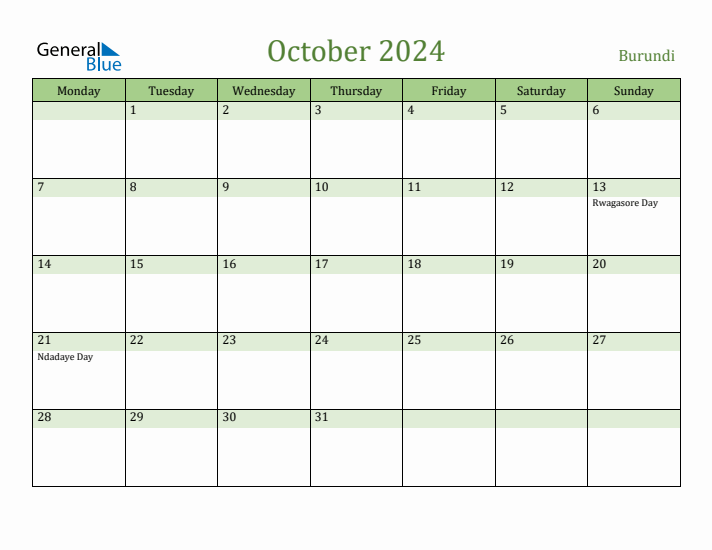 October 2024 Calendar with Burundi Holidays
