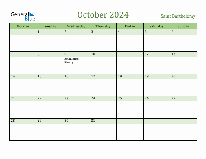 October 2024 Calendar with Saint Barthelemy Holidays