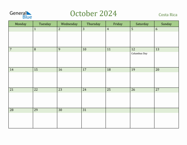 Fillable Holiday Calendar for Costa Rica October 2024
