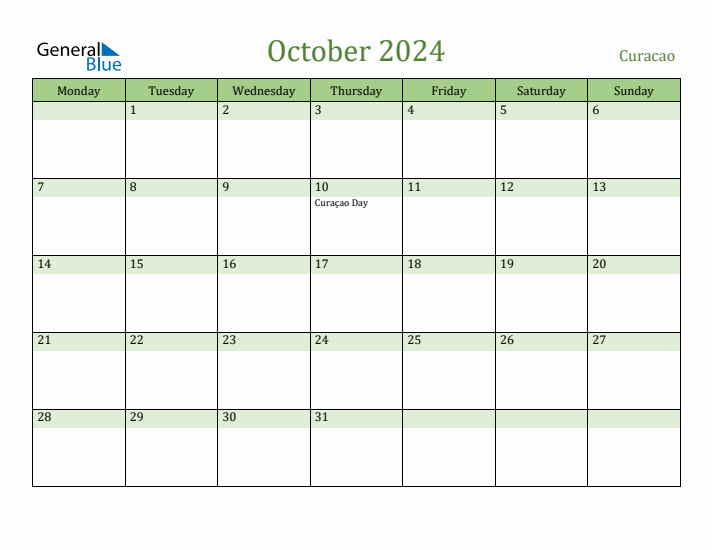 October 2024 Calendar with Curacao Holidays