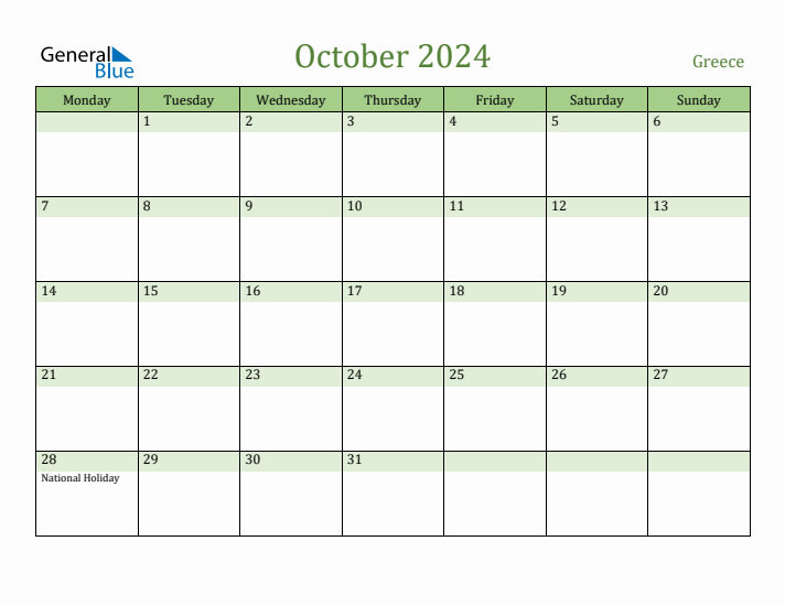 October 2024 Calendar with Greece Holidays