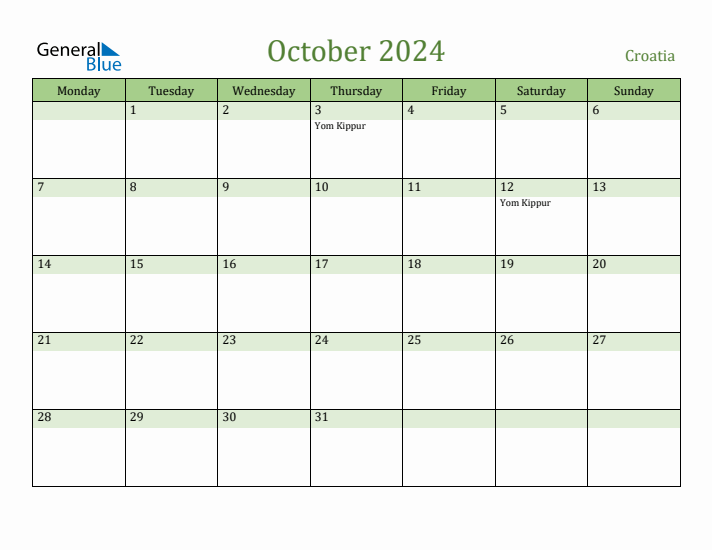 October 2024 Calendar with Croatia Holidays