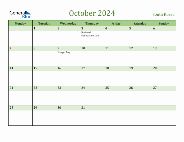 October 2024 Calendar with South Korea Holidays