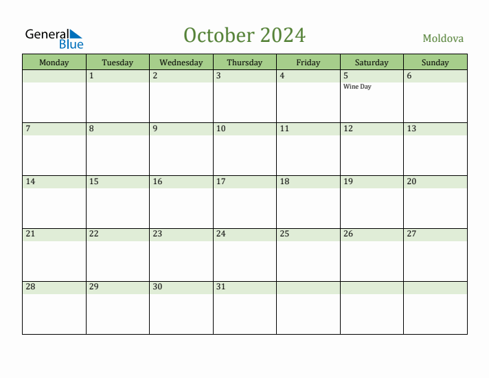 October 2024 Calendar with Moldova Holidays