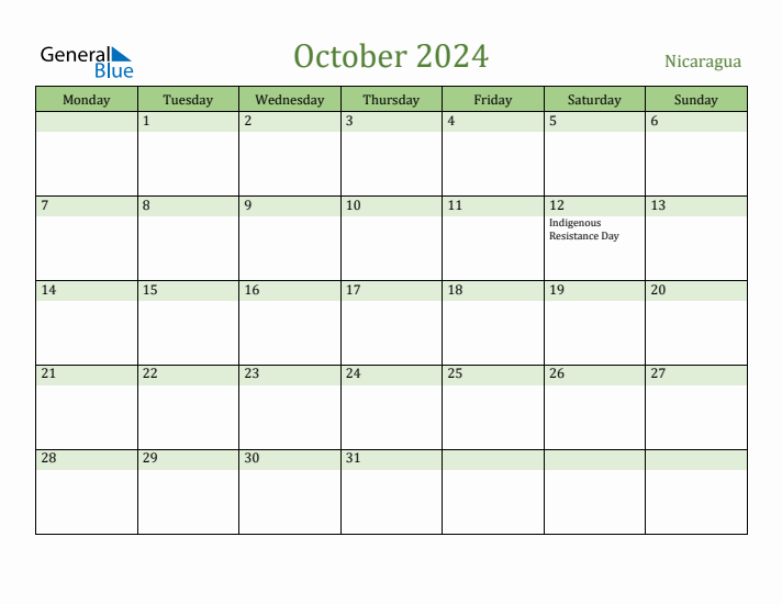 October 2024 Calendar with Nicaragua Holidays