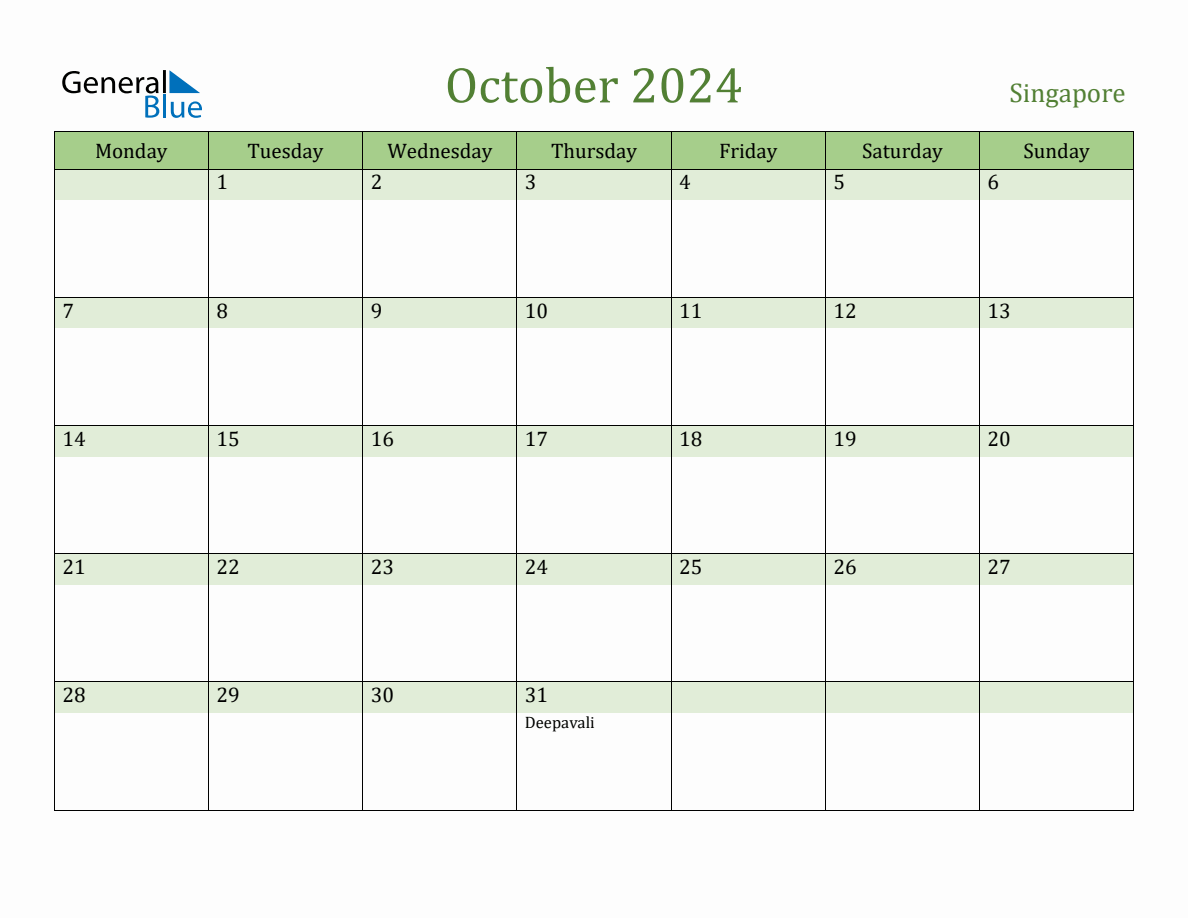 Fillable Holiday Calendar for Singapore - October 2024