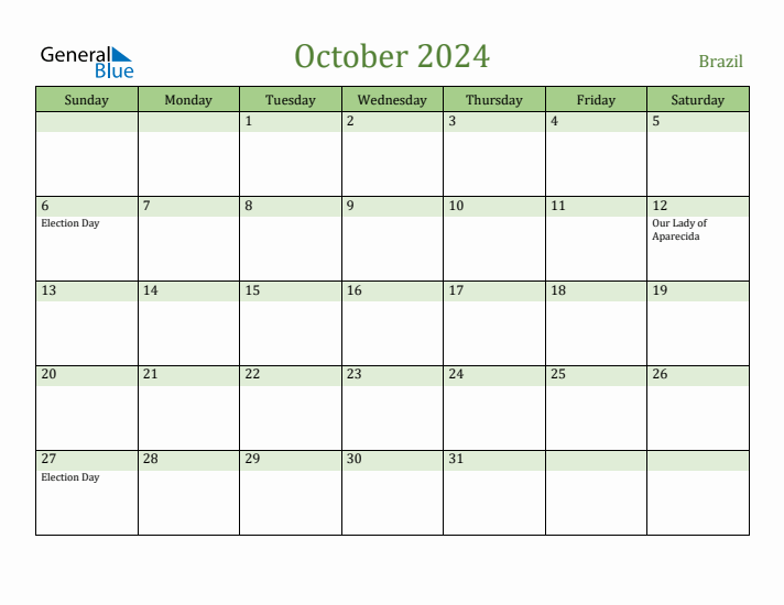 October 2024 Calendar with Brazil Holidays