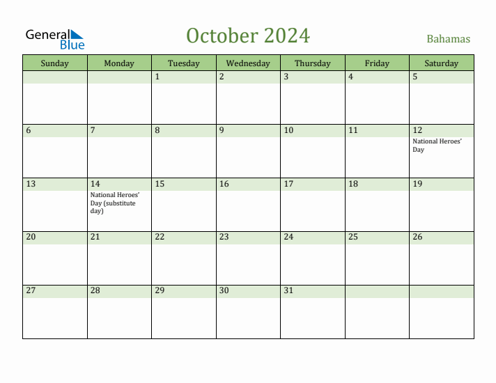 October 2024 Calendar with Bahamas Holidays
