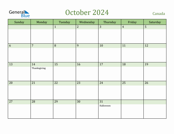 October 2024 Calendar with Canada Holidays