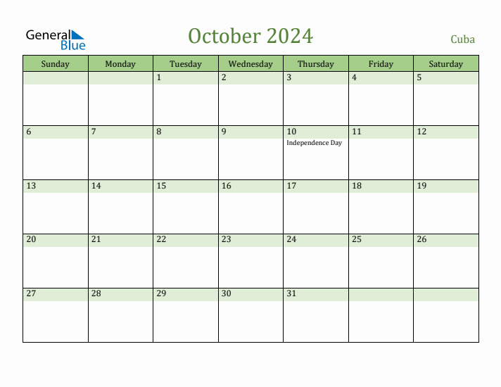 October 2024 Calendar with Cuba Holidays