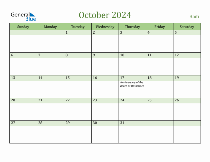 October 2024 Calendar with Haiti Holidays